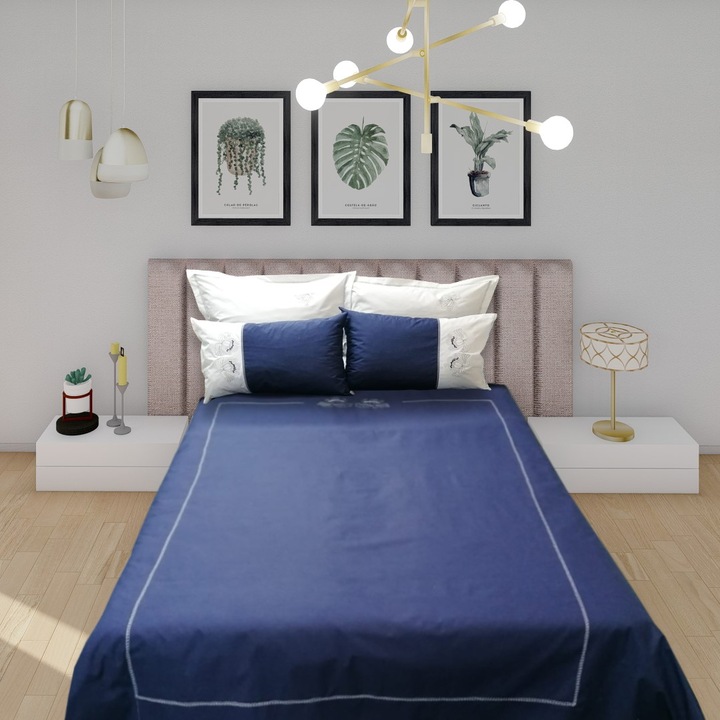 Спално бельо, Casa Bucuriei, бродерия, 4 части, бяло/тъмно синьо, 100% памук перкал (1 плик за завивка 200x140, 1 чаршаф с ластик 240x200 cm, 2 възглавници 50x70)
