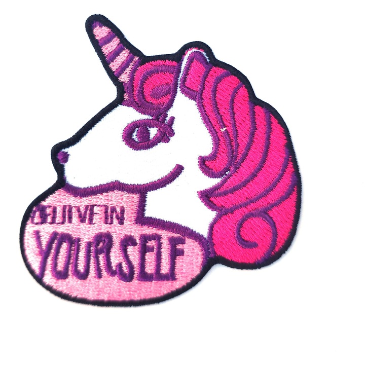 Petic textil / patch brodat unicorn / Belive in yourself 6x5.8 cm