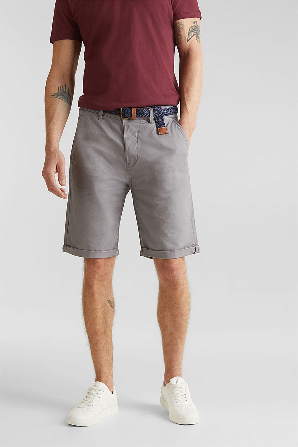 Esprit, Pantaloni scurti chino slim fit cu o curea detasabila, Gri inchis