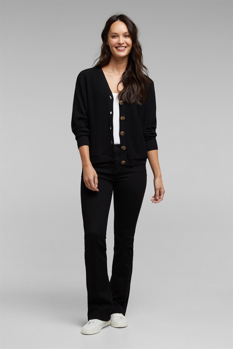 Esprit, Cardigan din amestec de bumbac organic, cu aspect texturat, Negru