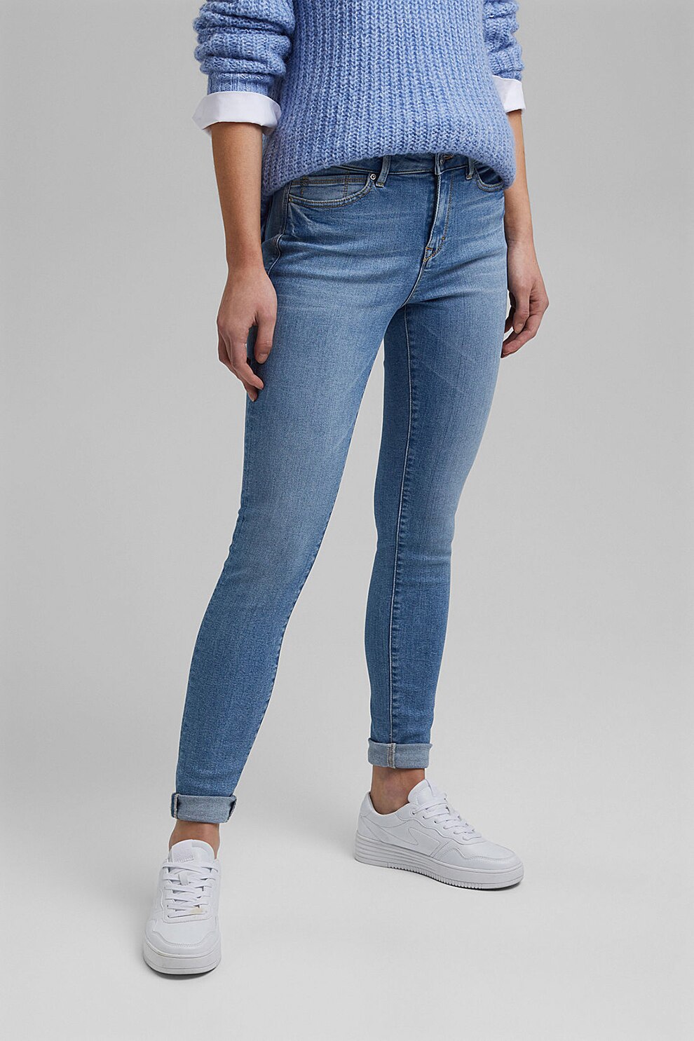 Esprit, Blugi skinny cu aspect decolorat, Albastru inchis/Albastru pal