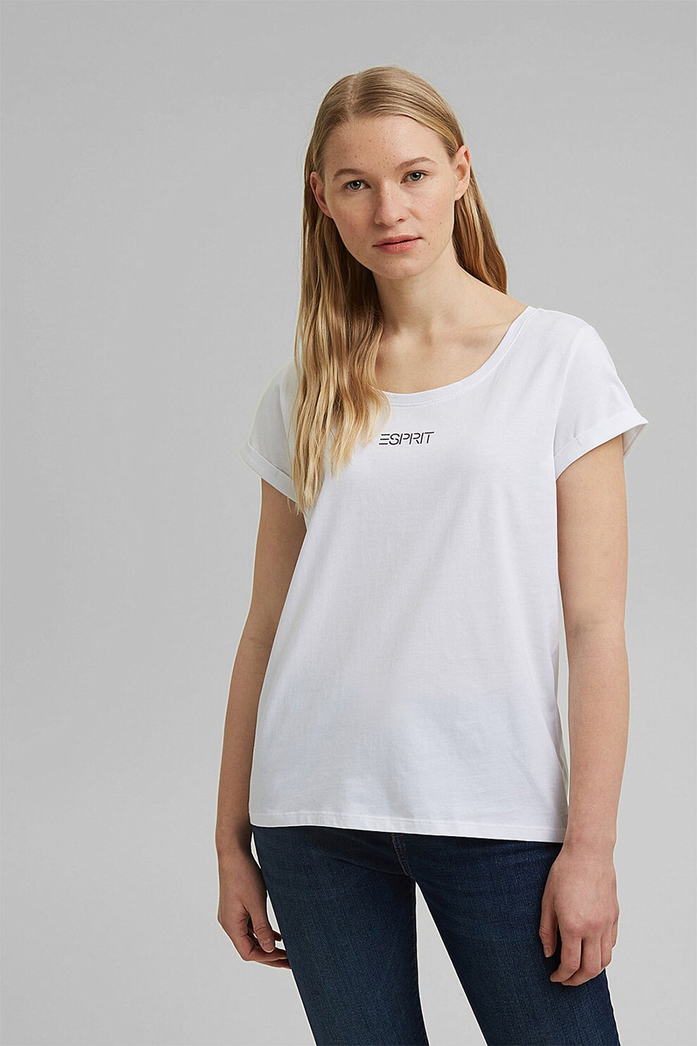 Esprit, Tricou de bumbac organic cu imprimeu logo, Alb