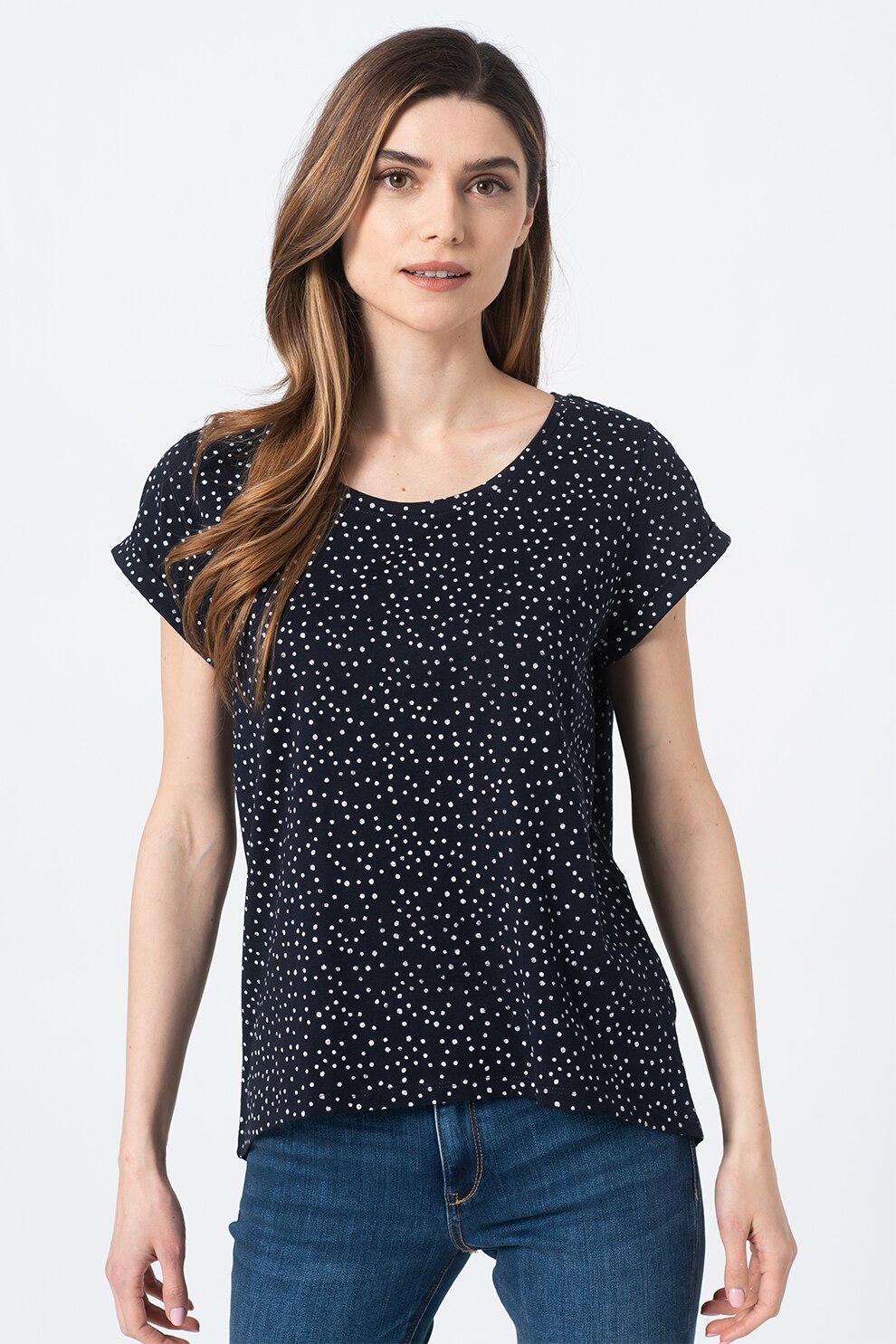 Esprit, Tricou de bumbac organic cu model, Bleumarin/Alb, XS