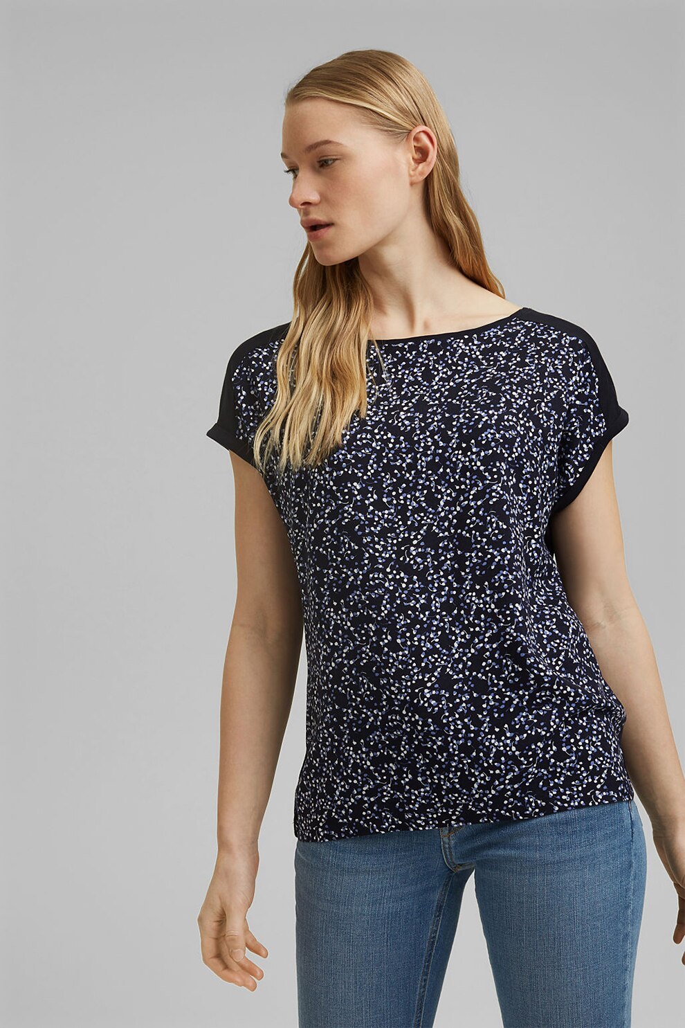 Esprit, Tricou din amestec de bumbac organic cu imprimeu, Negru