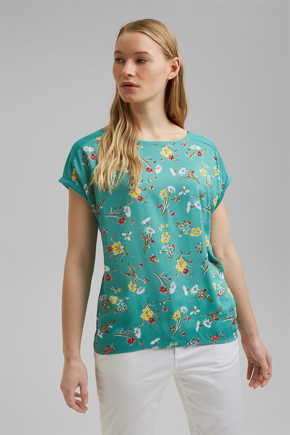Esprit, Tricou din amestec de bumbac organic cu imprimeu, Turcoaz/Galben