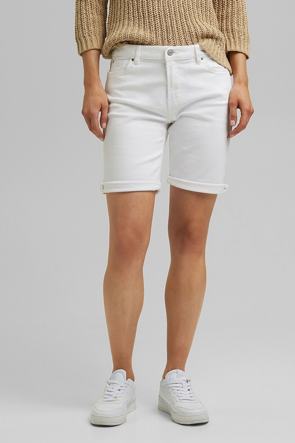 Esprit, Pantaloni scurti chino cu terminatie pliabila, Alb
