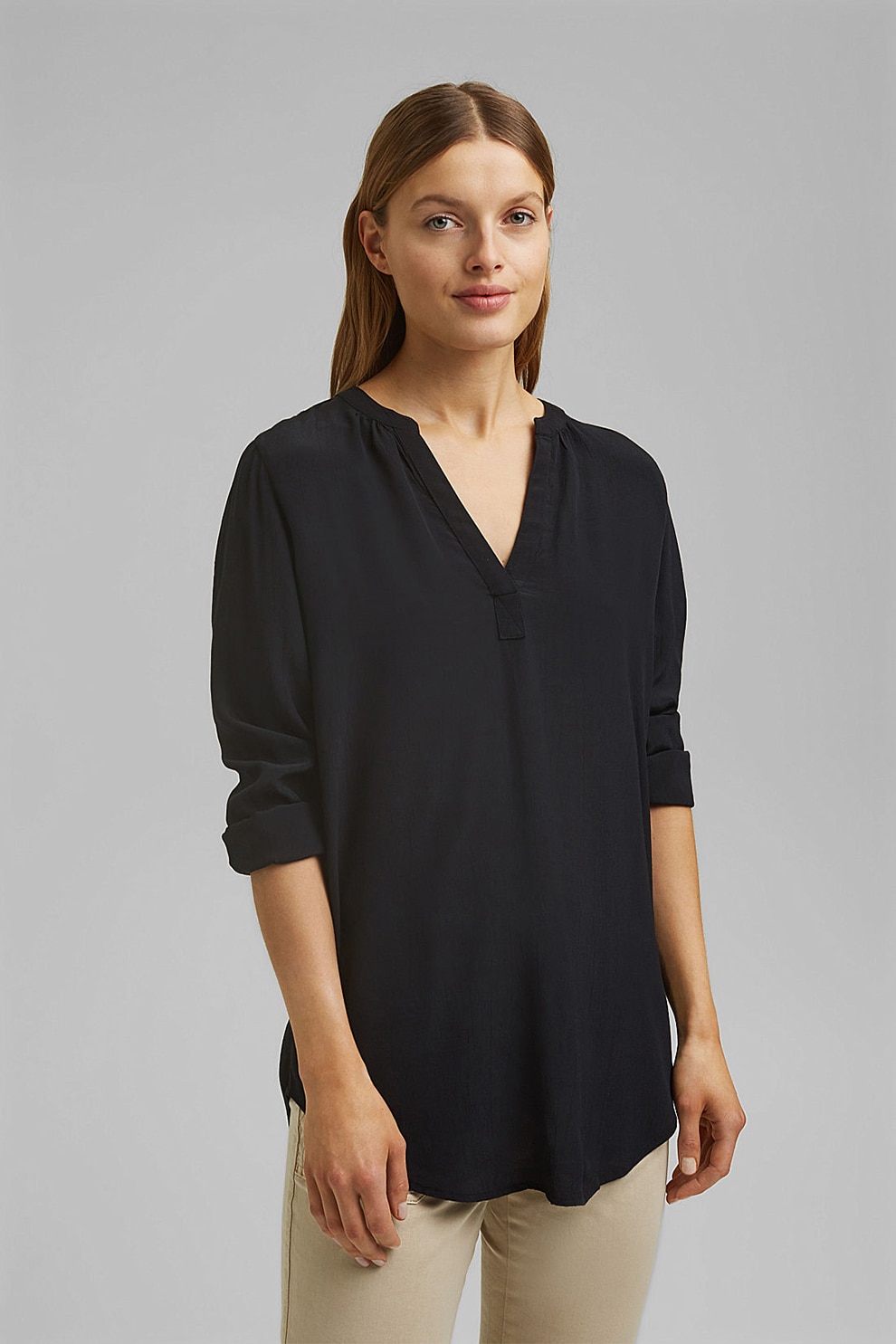 Esprit, Bluza din viscoza cu maneci lungi, Negru