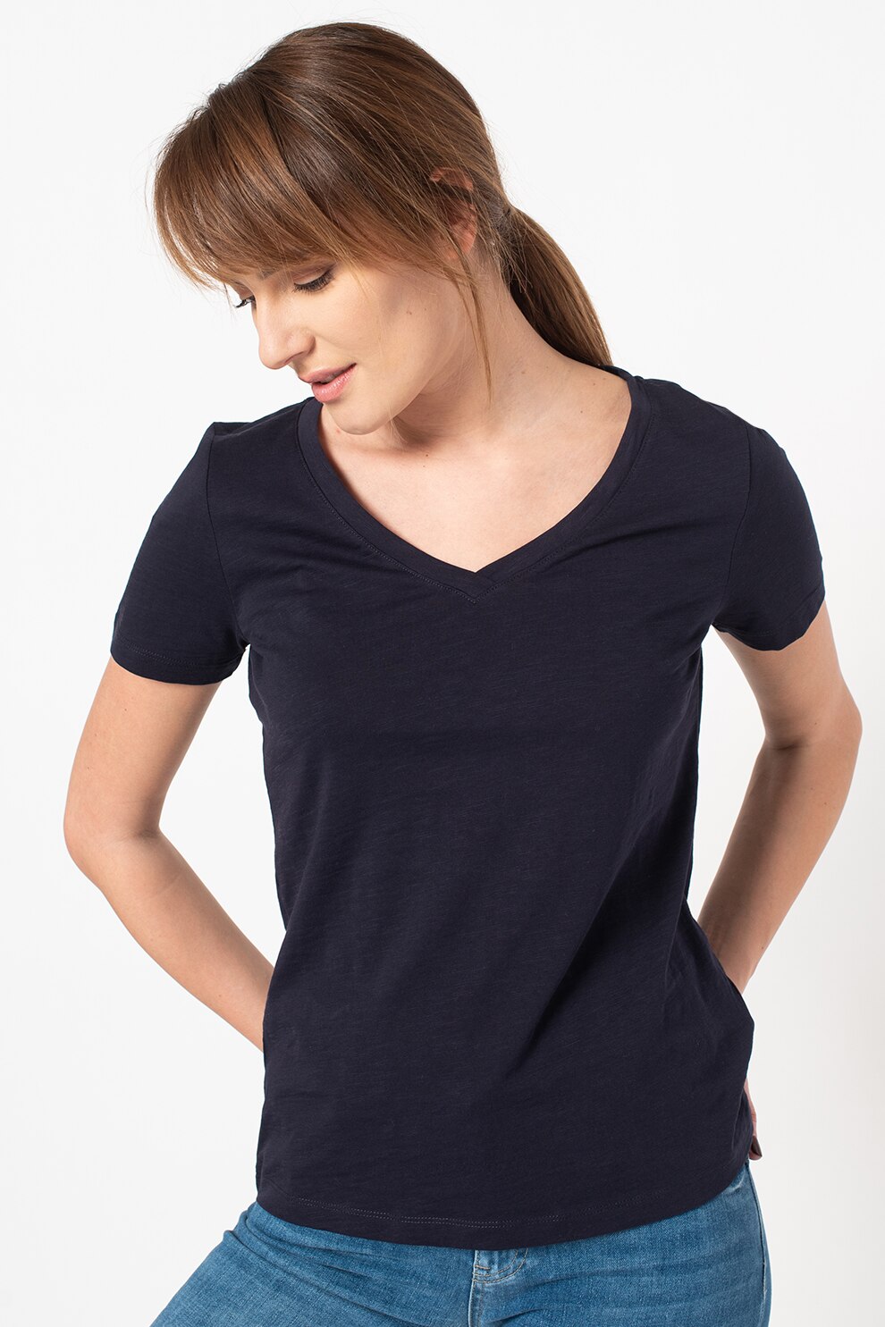 EDC by Esprit, Tricou de bumbac organic cu decolteu in V, Bleumarin