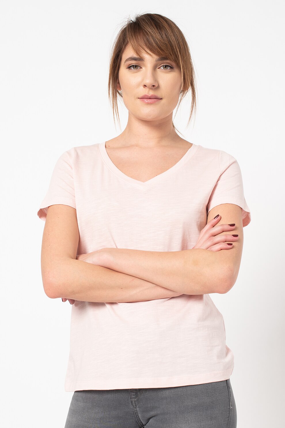 EDC by Esprit, Tricou de bumbac organic cu decolteu in V, Roz pastel