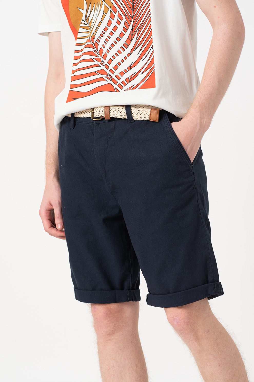 Esprit, Bermude chino din amestec de in cu o curea si terminatii rasucite, Bleumarin