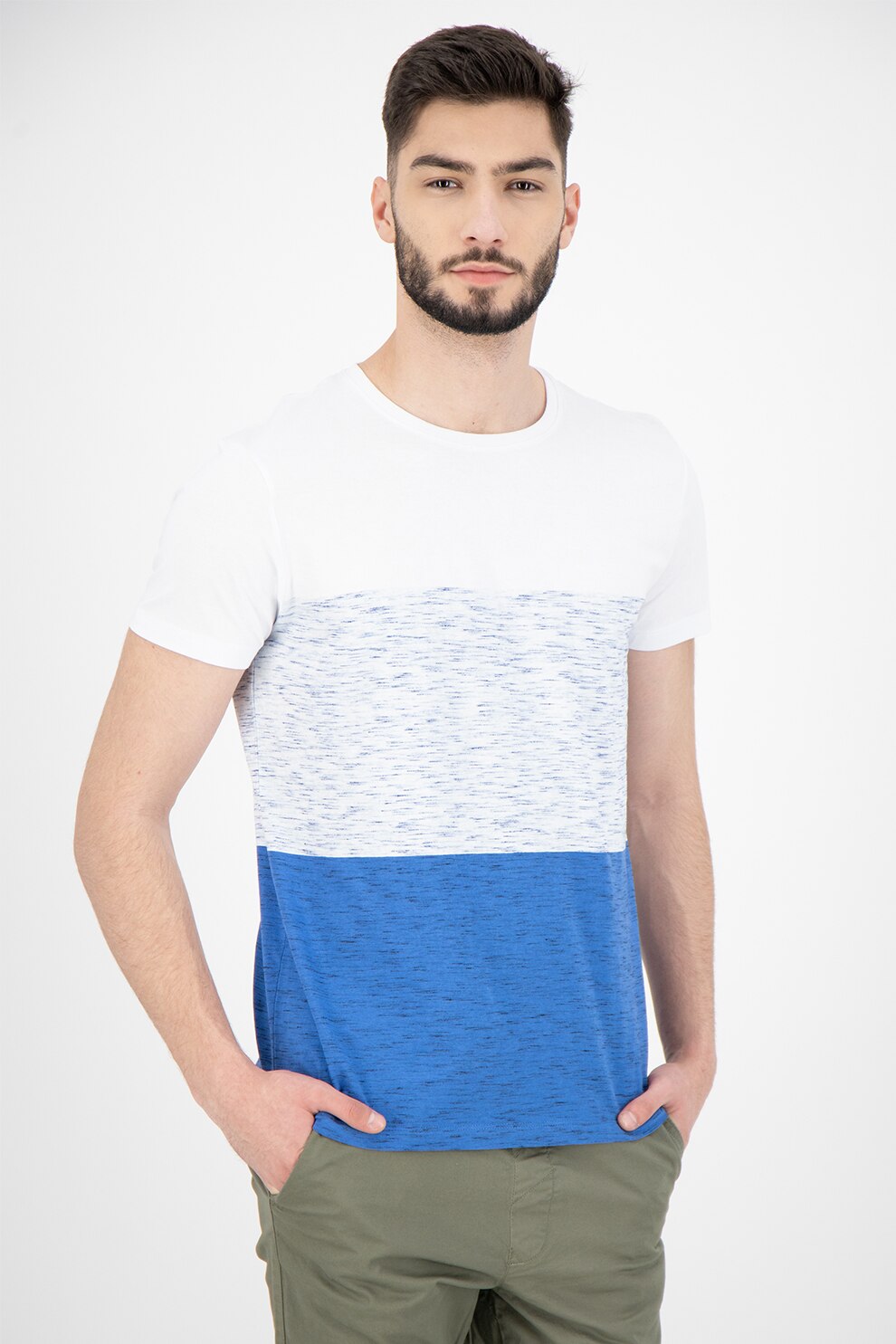 EDC by Esprit, Tricou cu dungi si model colorblock, Alb/Albastru indigo, S