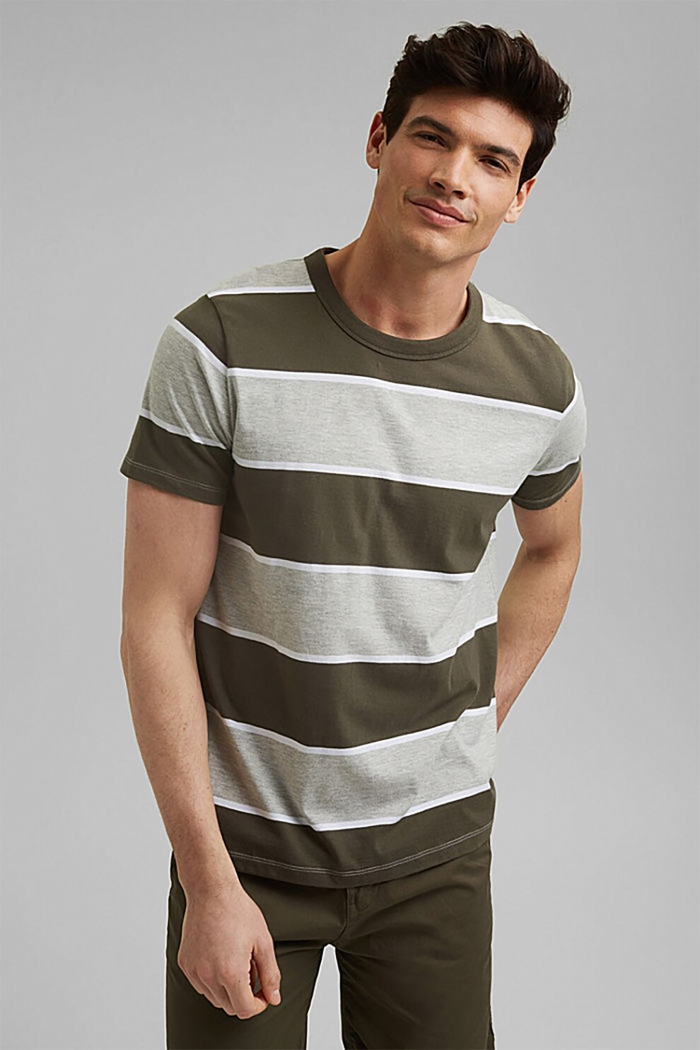 EDC by Esprit,Tricou din amestec de bumbac organic cu dungi, kaki, gri melange