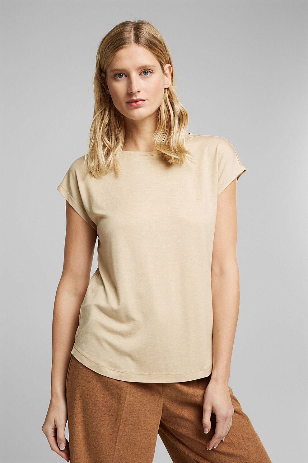 Esprit, Tricou de modal cu terminatie rotunda, Maro nisip