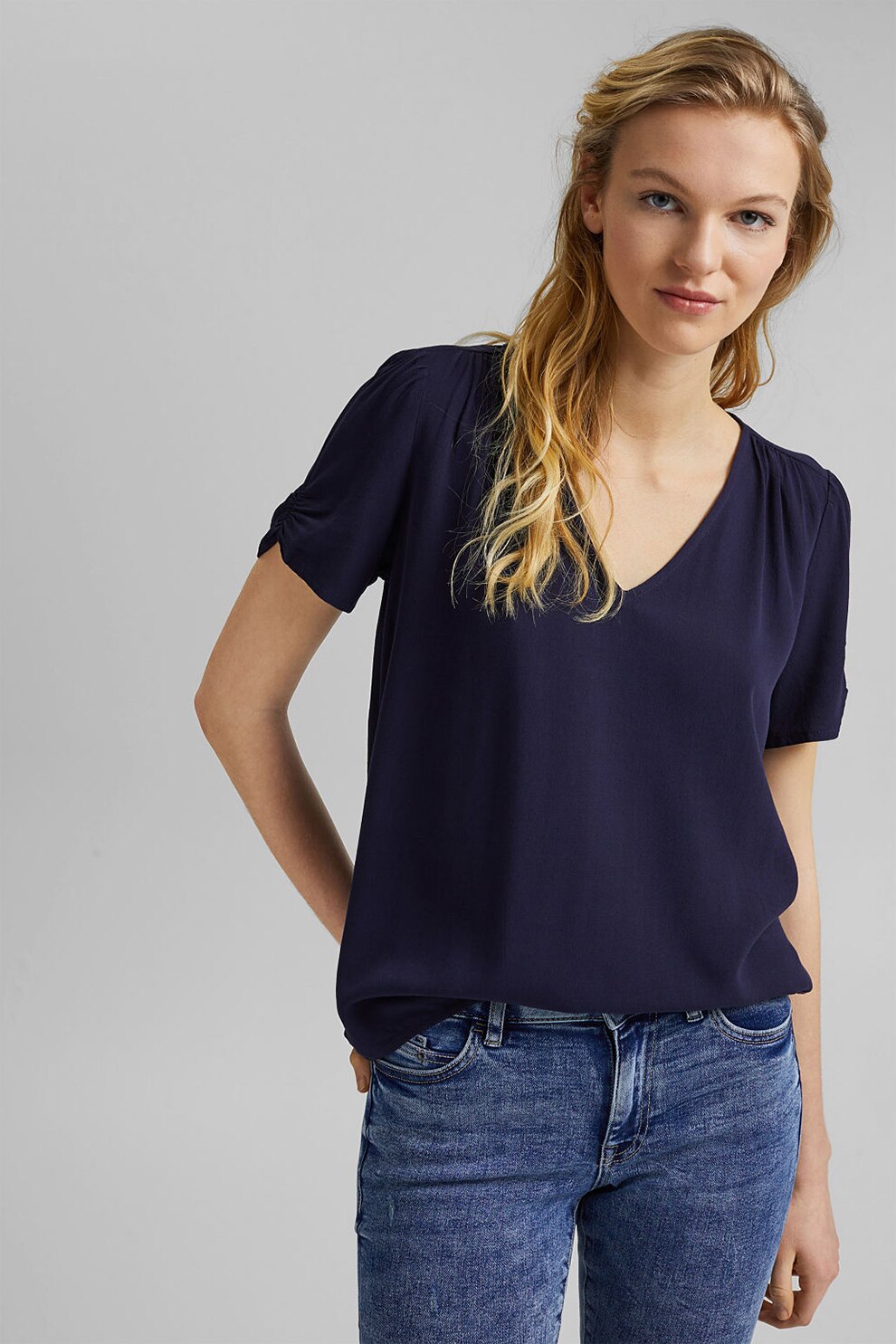 EDC by Esprit, Bluza cu maneci scurte si drapaje, Bleumarin