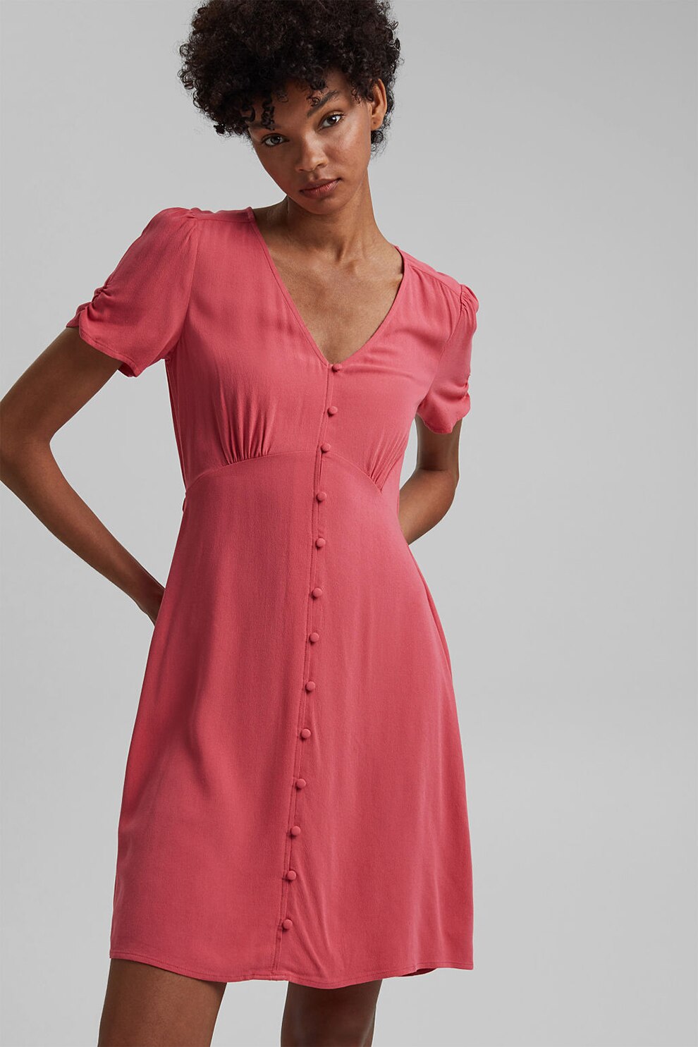 EDC by Esprit, Rochie cu decolteu in V si nasturi, Roz prafuit