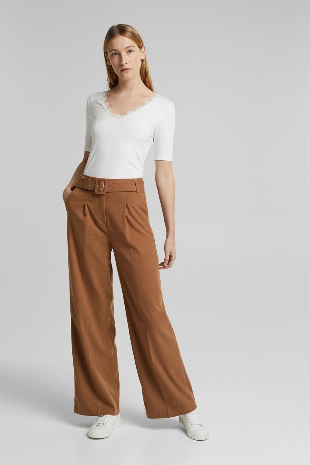 Esprit, Tricou din jerseu cu garnituri de dantela, Alb