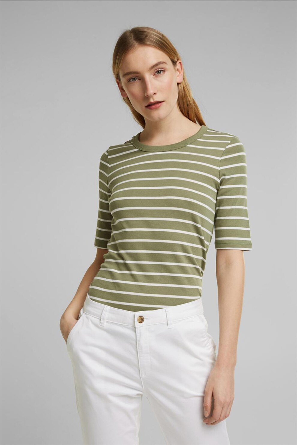 Esprit, Tricou de bumbac organic cu dungi, Kaki/Alb