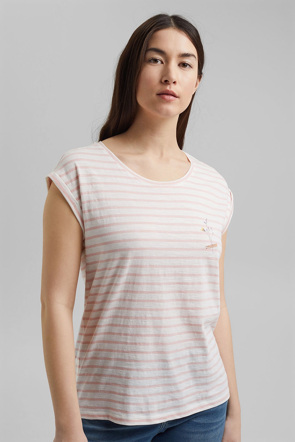 Esprit, Tricou cu maneci cazute si model in dungi, Alb/Roz pastel, L