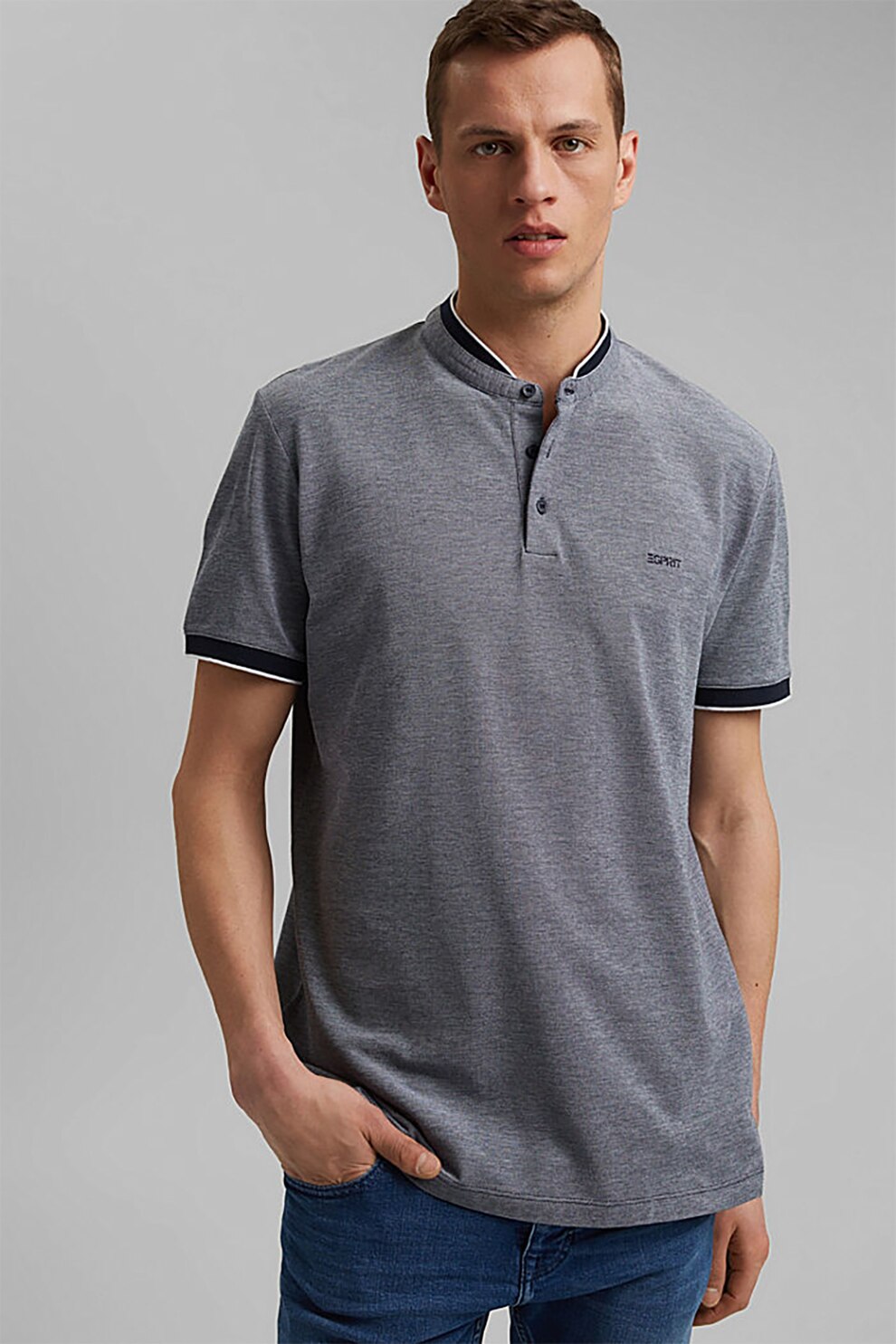 Esprit, Tricou de bumbac organic cu logo, Albastru inchis melange, S