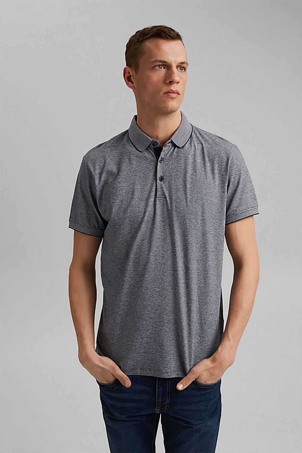 Esprit, Tricou polo regular fit de bumbac organic, Albastru inchis melange