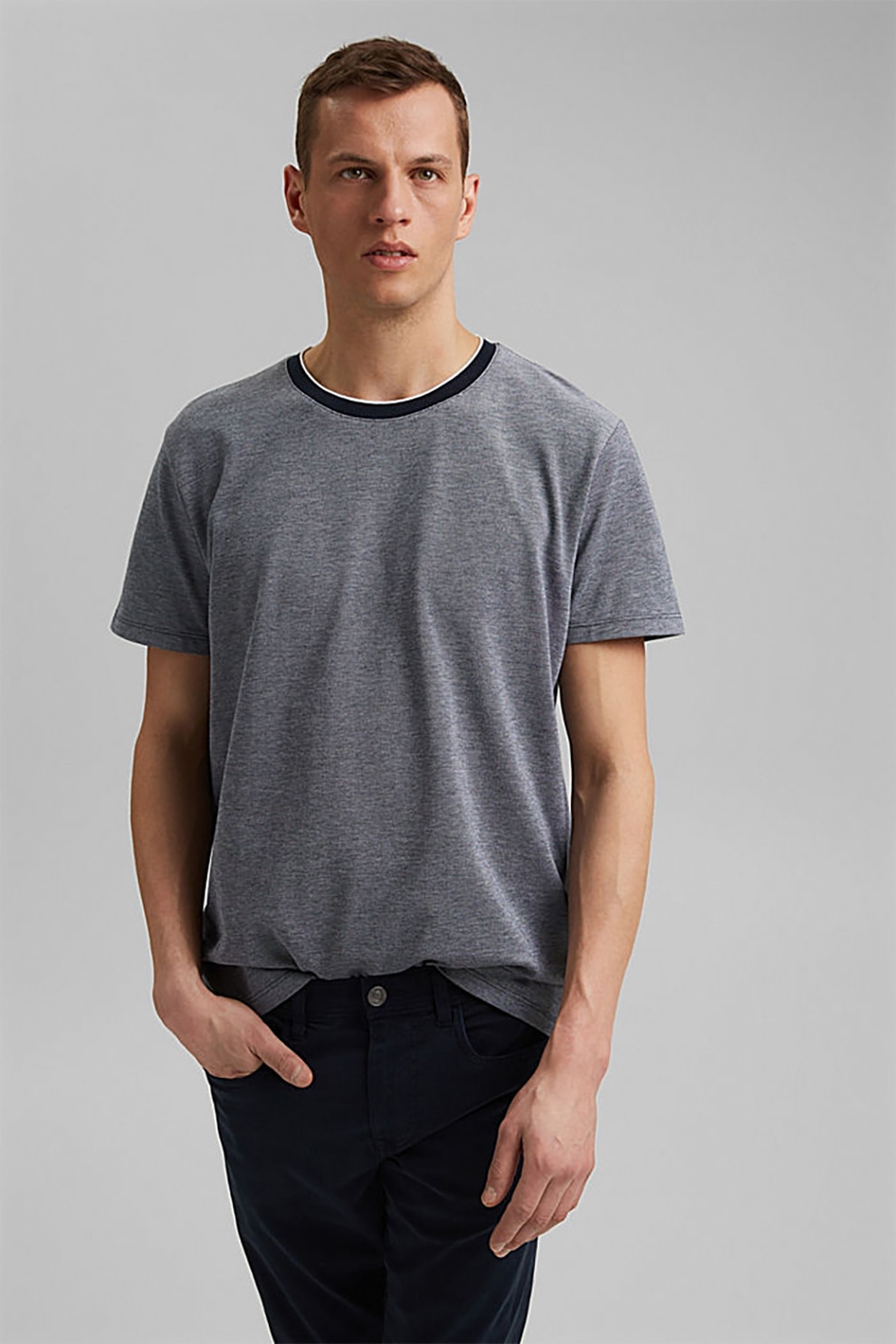 Esprit, Tricou de bumbac organic si material pique, Albastru inchis melange
