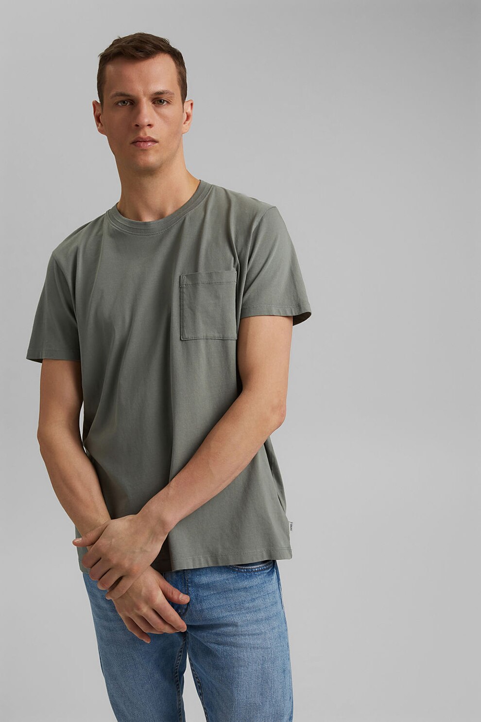 Esprit, Tricou din bumbac organic cu buzunar pe piept, Verde sparanghel