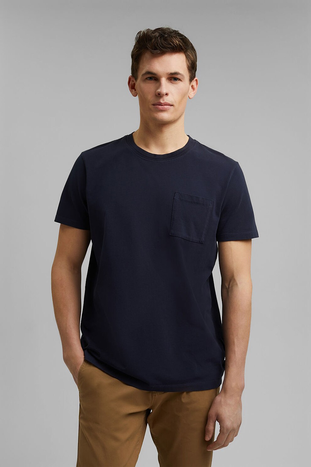 Esprit, Tricou din bumbac organic cu buzunar pe piept, Bleumarin