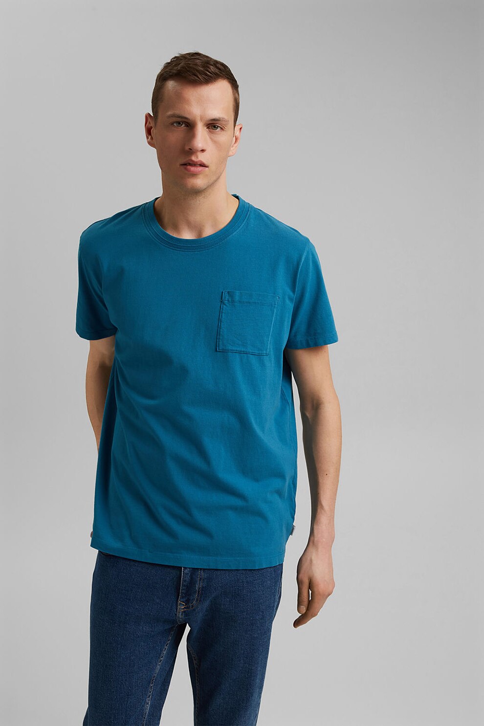 Esprit, Tricou din bumbac organic cu buzunar pe piept, Albastru
