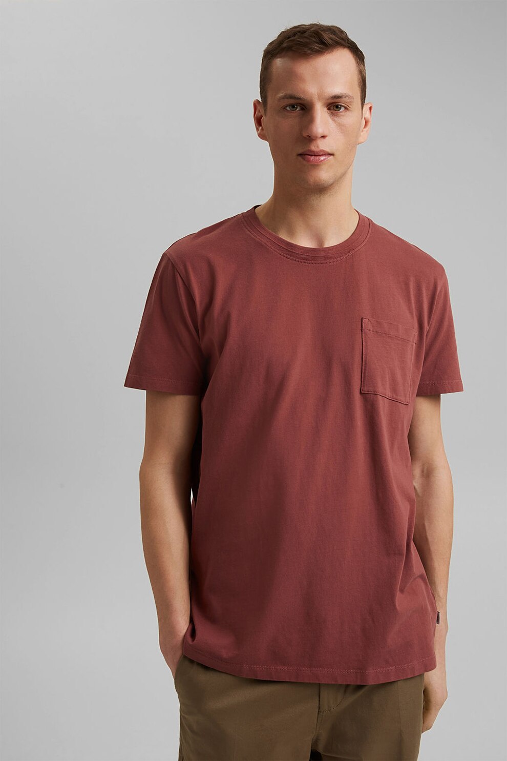 Esprit, Tricou din bumbac organic cu buzunar pe piept, Rosu Bordeaux