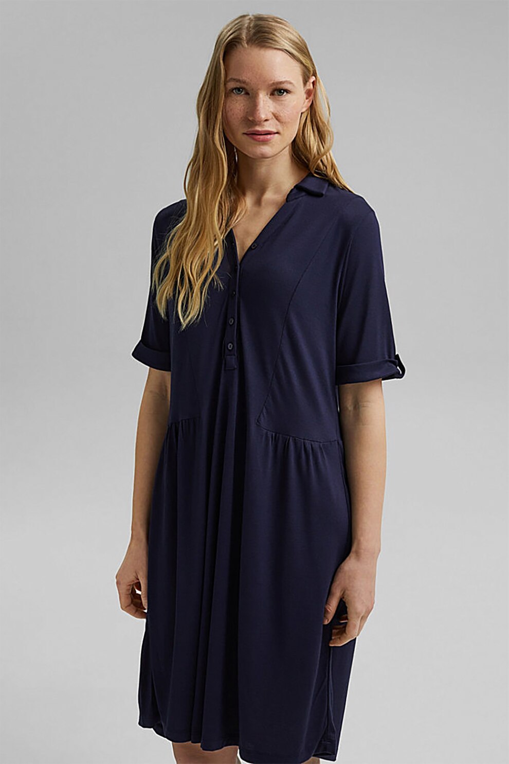 Esprit, Rochie tip tricou cu fenta cu nasturi, Bleumarin