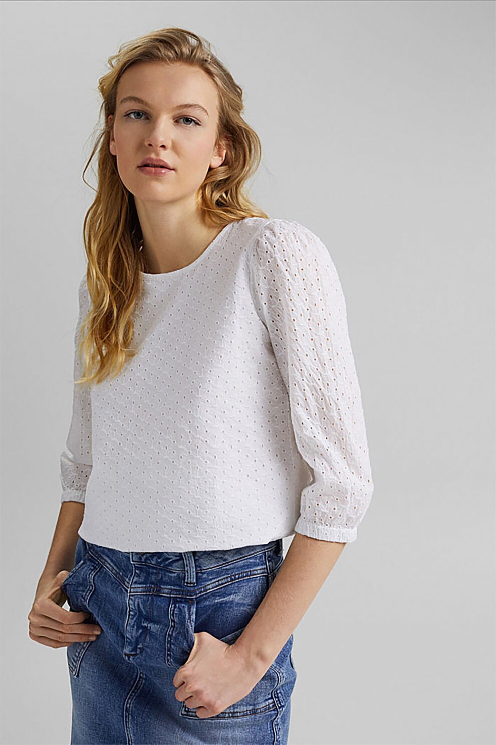 EDC by Esprit, Bluza de dantela Sangallo cu maneci 3/4, Alb