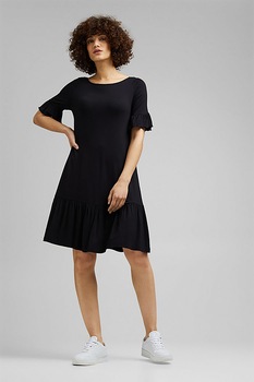 Esprit, Rochie evazata cu mansete cu volane, Negru Esprit, Rochie evazata cu mansete cu volane, Negru
