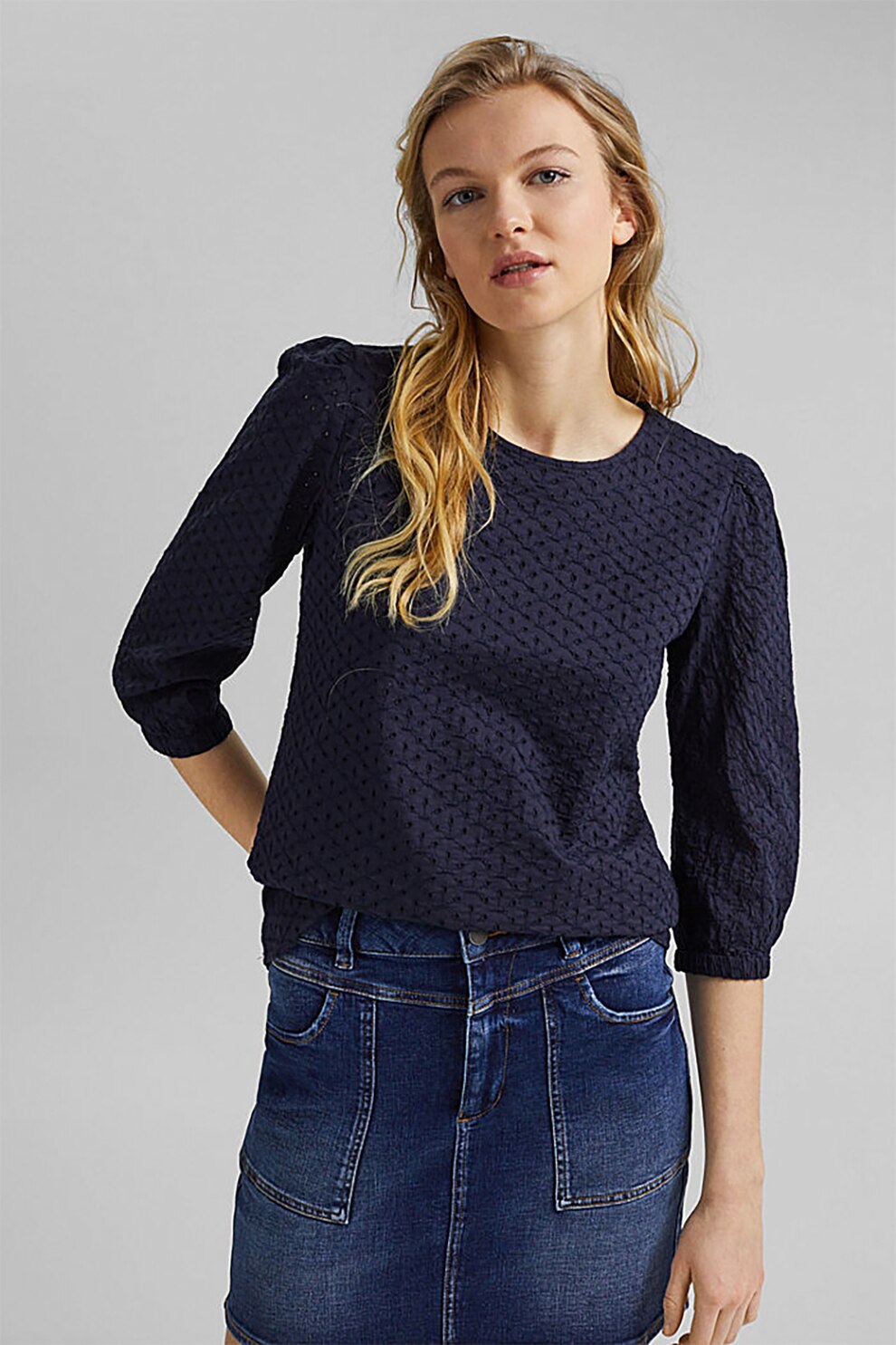EDC by Esprit, Bluza de dantela Sangallo cu maneci 3/4, Bleumarin