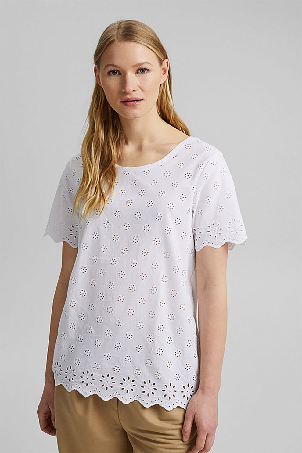Esprit, Tricou din amestec de modal si bumbac organic cu perforatii, Alb