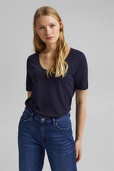 Esprit, Tricou din amestec de bumbac organic si modal, cu decolteu in V, Bleumarin Esprit, Tricou din amestec de bumbac organic si modal, cu decolteu in V, Bleumarin