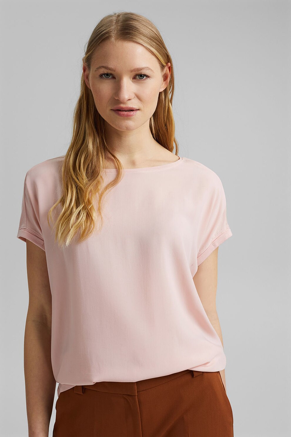 Esprit, Tricou lejer din amestec de modal si bumbac organic, Roz pal