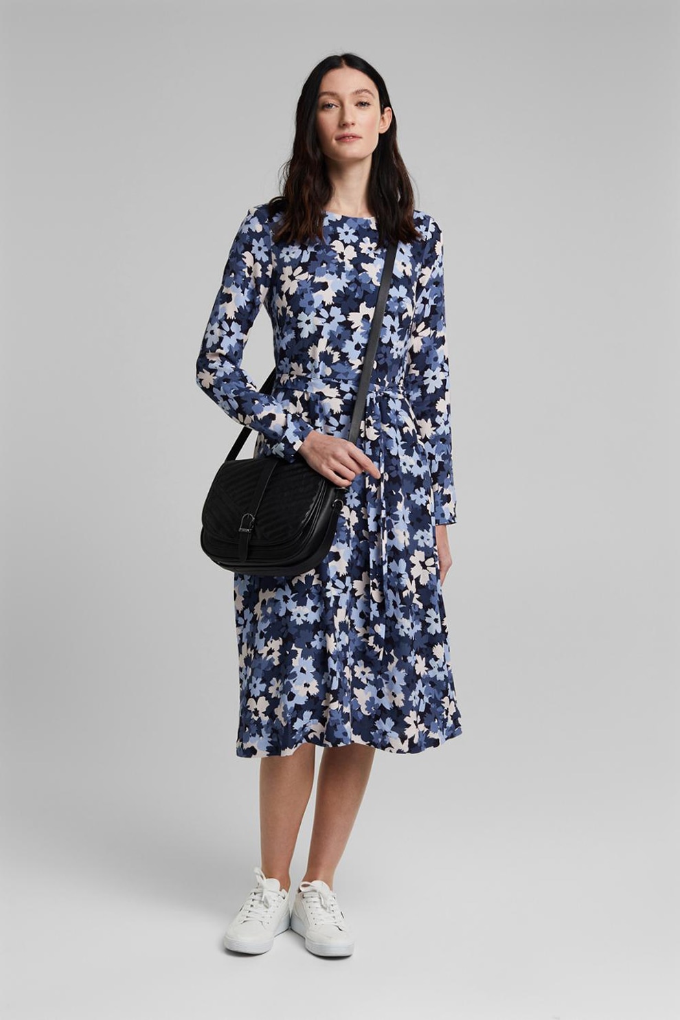 Esprit, Rochie evazata cu model floral, Bleumarin/Crem, S