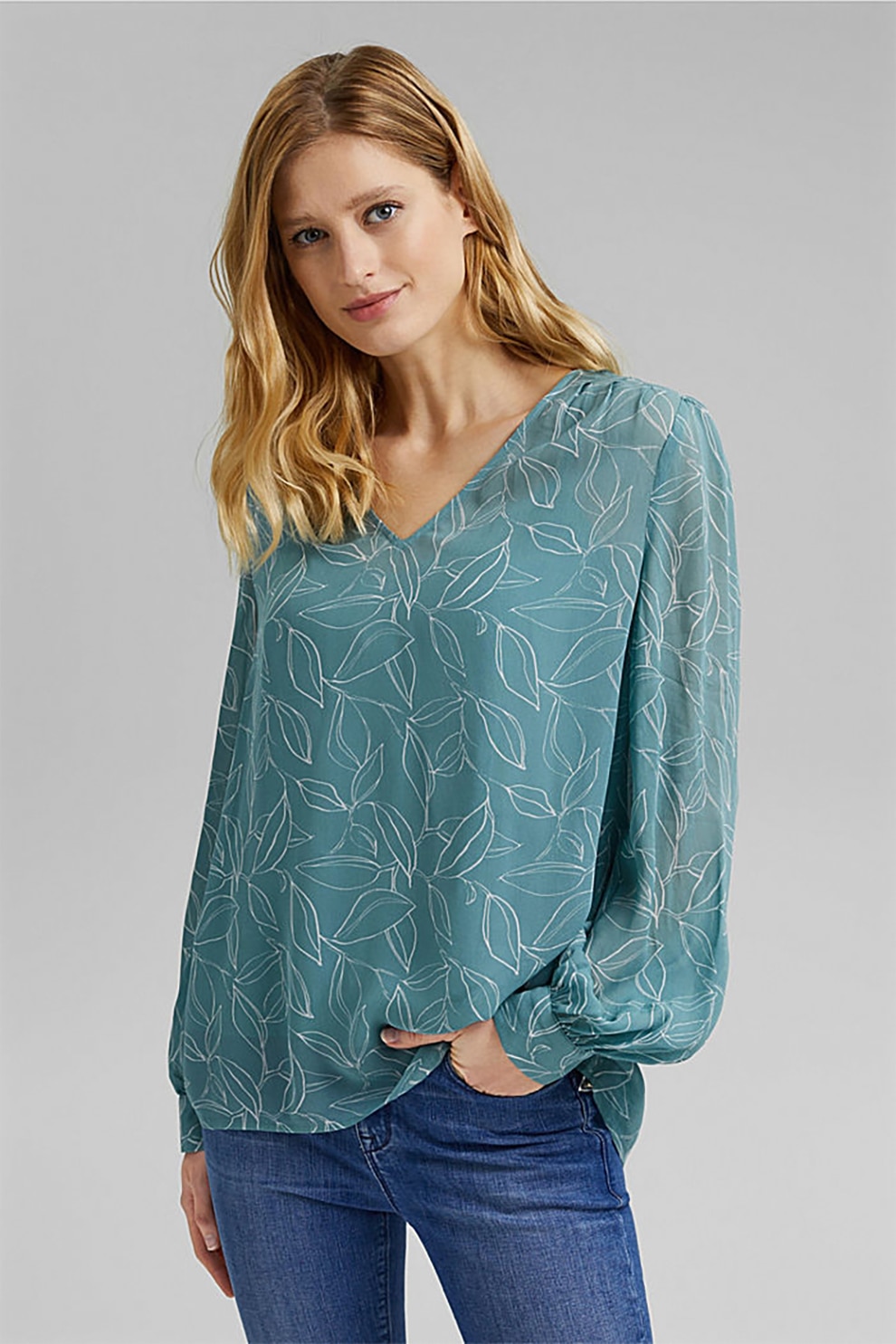 Esprit, Camasa semitransparenta cu imprimeu, Turcoaz/Alb, M
