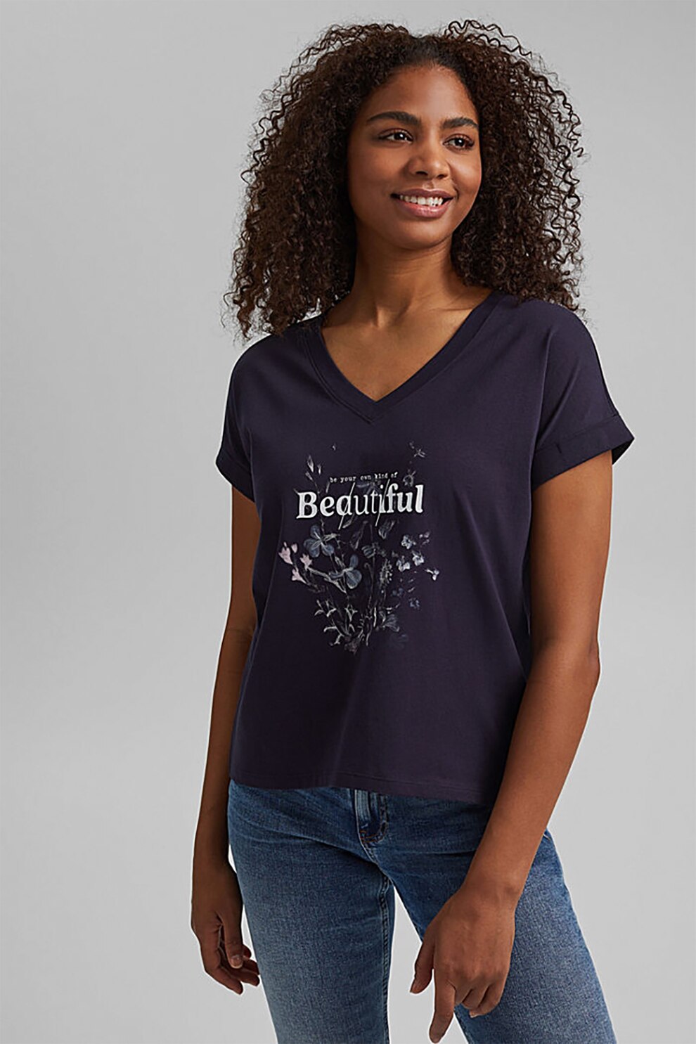 EDC by Esprit, Tricou de bumbac organic cu decolteu in V, Bleumarin/Alb