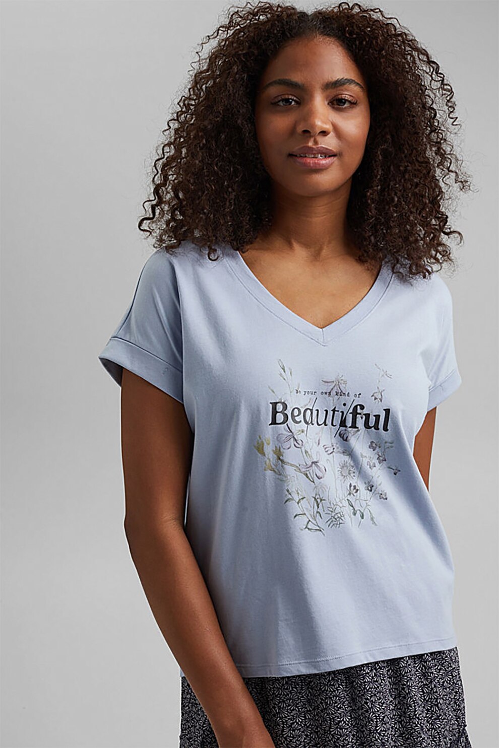 EDC by Esprit, Tricou de bumbac organic cu decolteu in V, Albastru prafuit/Negru