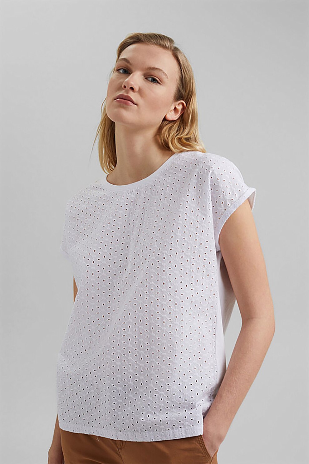 EDC by Esprit, Tricou de bumbac organic cu perforatii, Alb