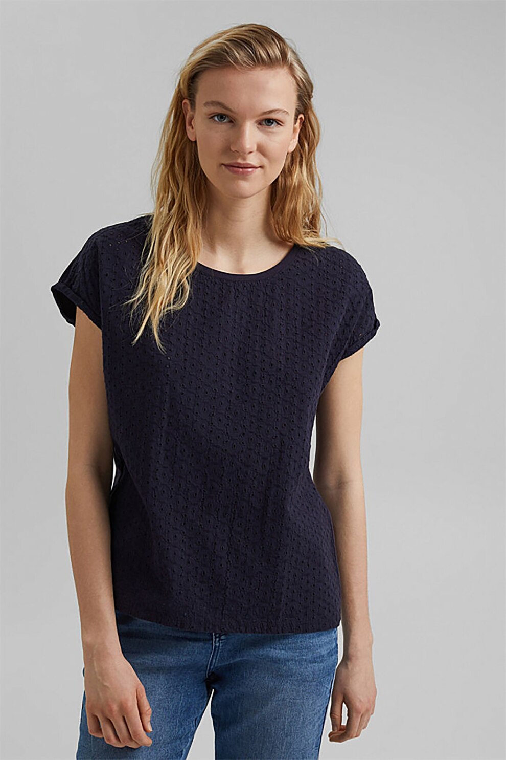 EDC by Esprit, Tricou de bumbac organic cu perforatii, Bleumarin