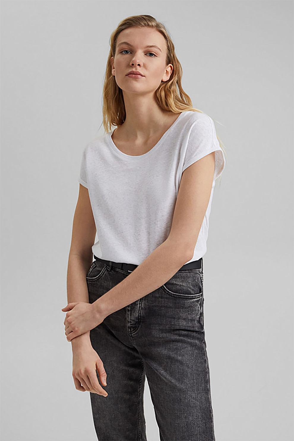 EDC by Esprit, Tricou din amestec de in cu terminatie asimetrica, Alb