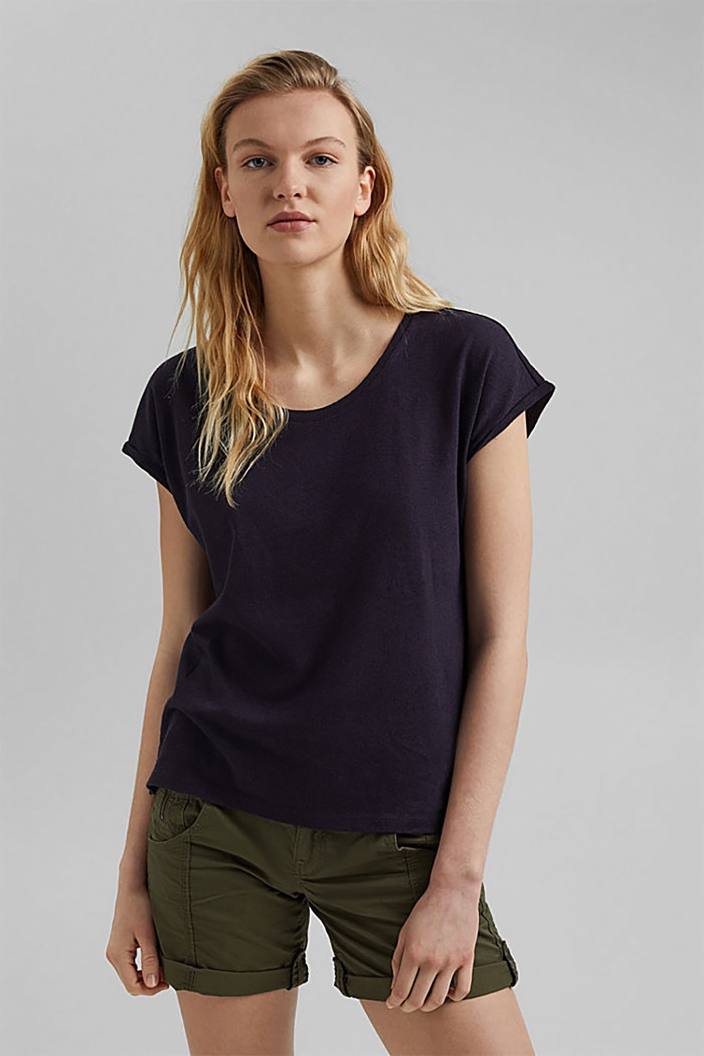 EDC by Esprit, Tricou din amestec de in cu terminatie asimetrica, Bleumarin