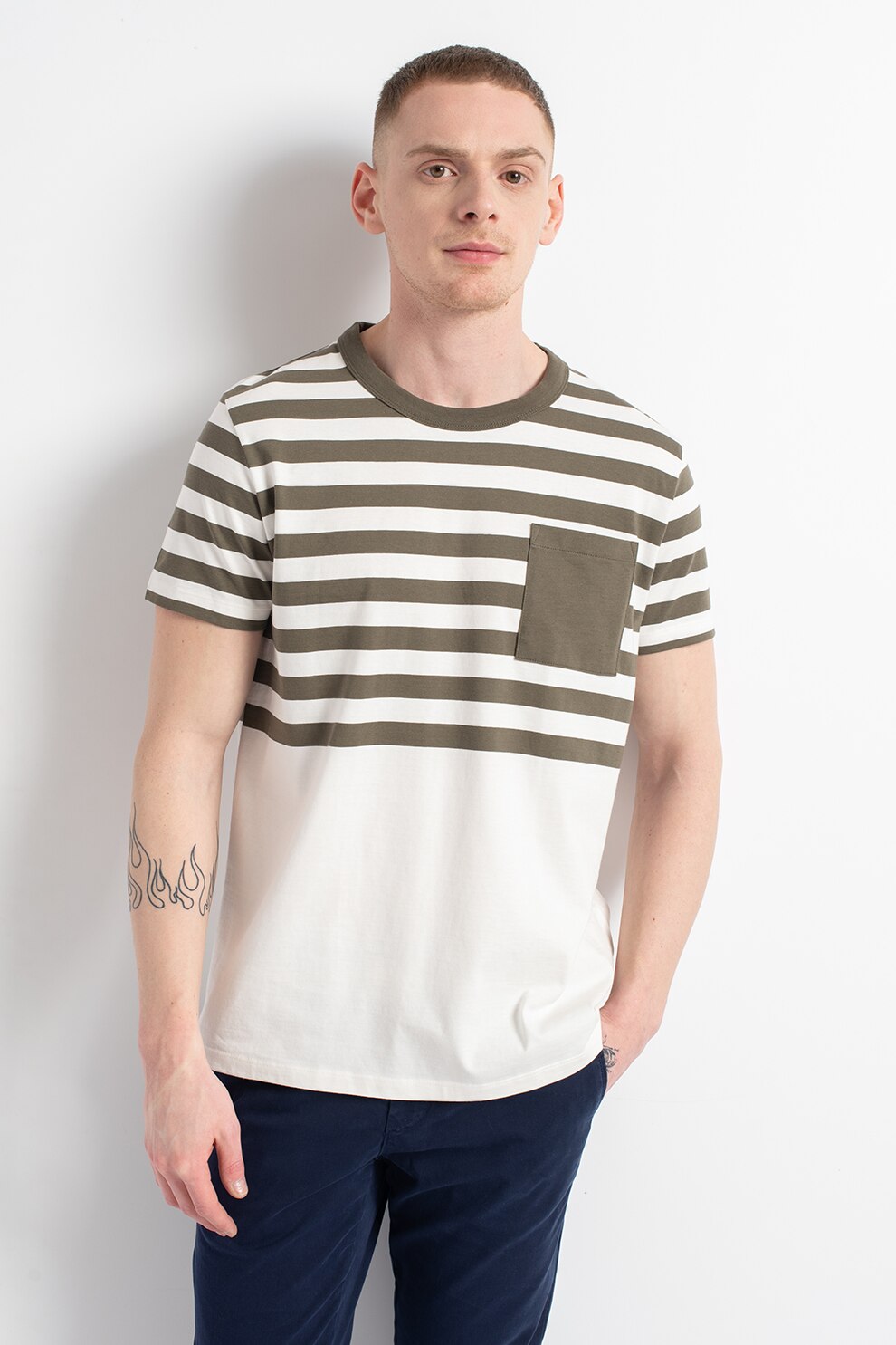 Esprit, Tricou de bumbac organic cu dungi, Alb/Verde militar