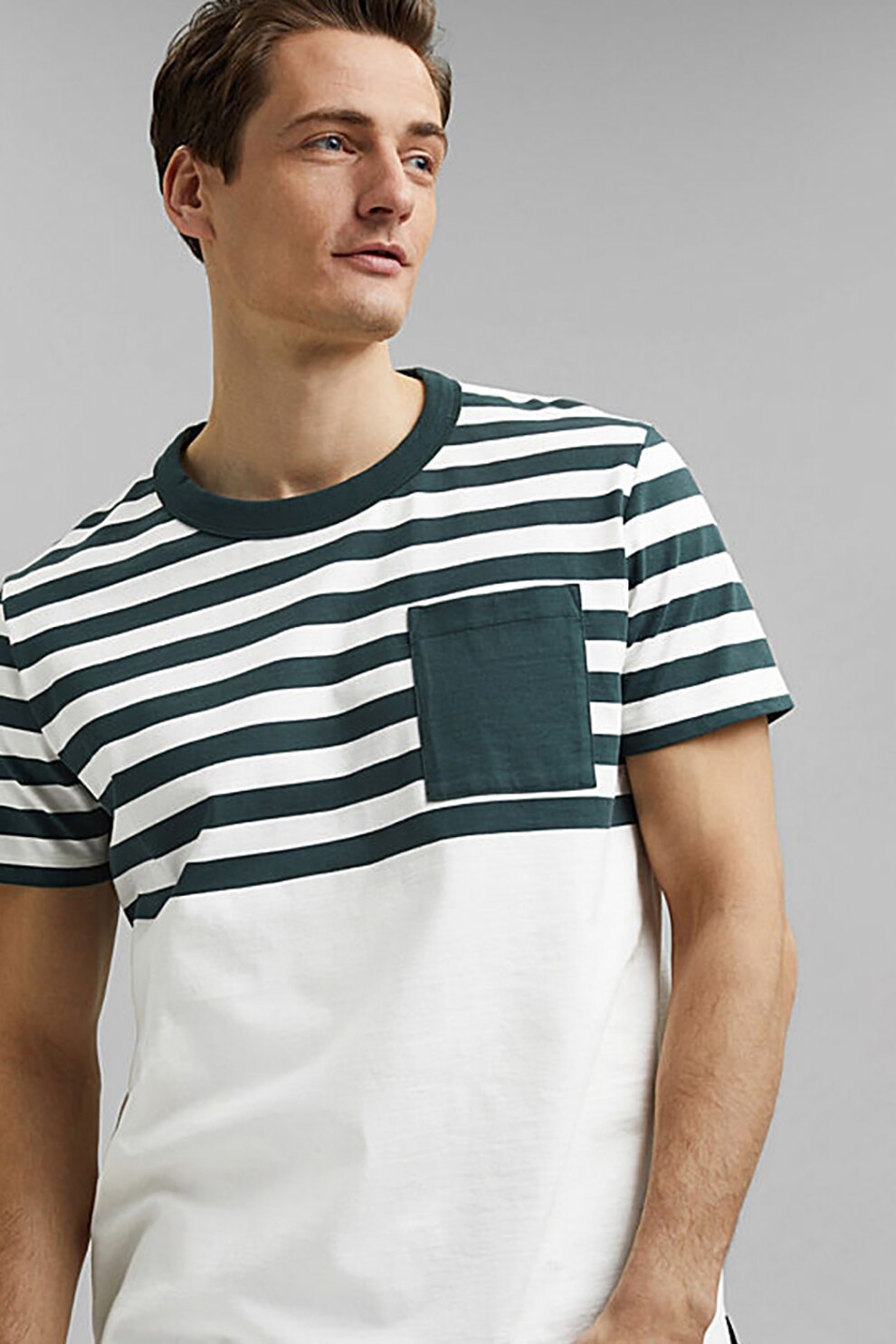Esprit, Tricou de bumbac organic cu dungi, Alb/Albastru petrol