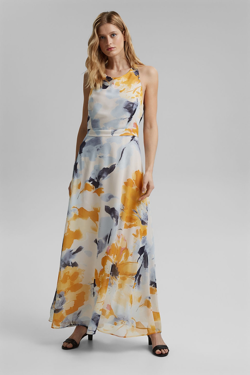 Esprit, Rochie maxi de sifon cu bretele incrucisate, Alb fildes/Gri/Oranj