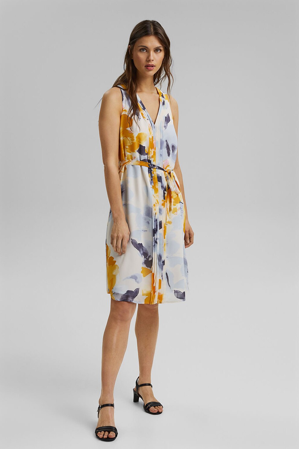 Esprit, Rochie de sifon cu imprimeu, Alb prafuit/Gri/Oranj