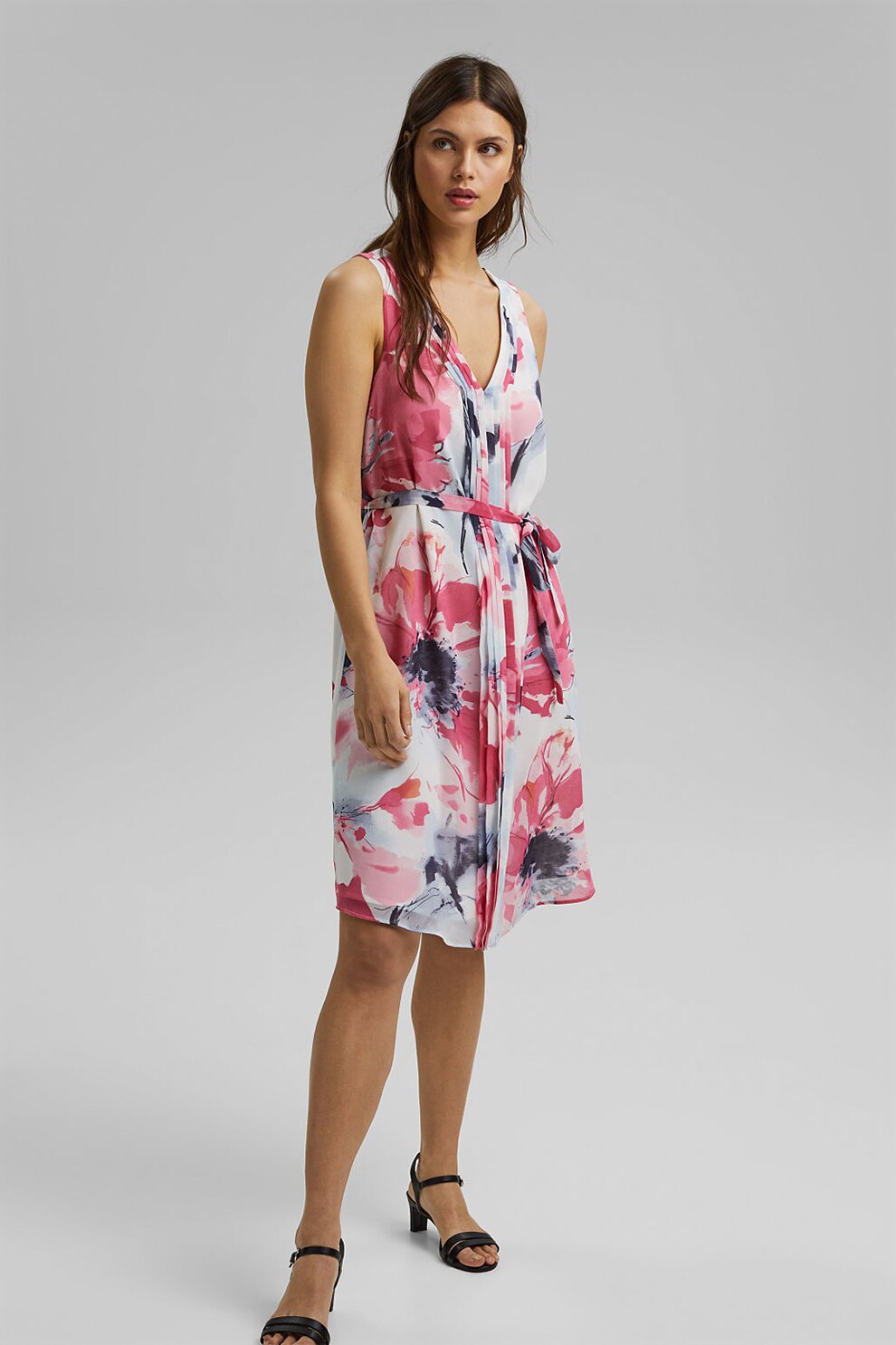Esprit, Rochie de sifon cu imprimeu, Alb/Gri/Roz