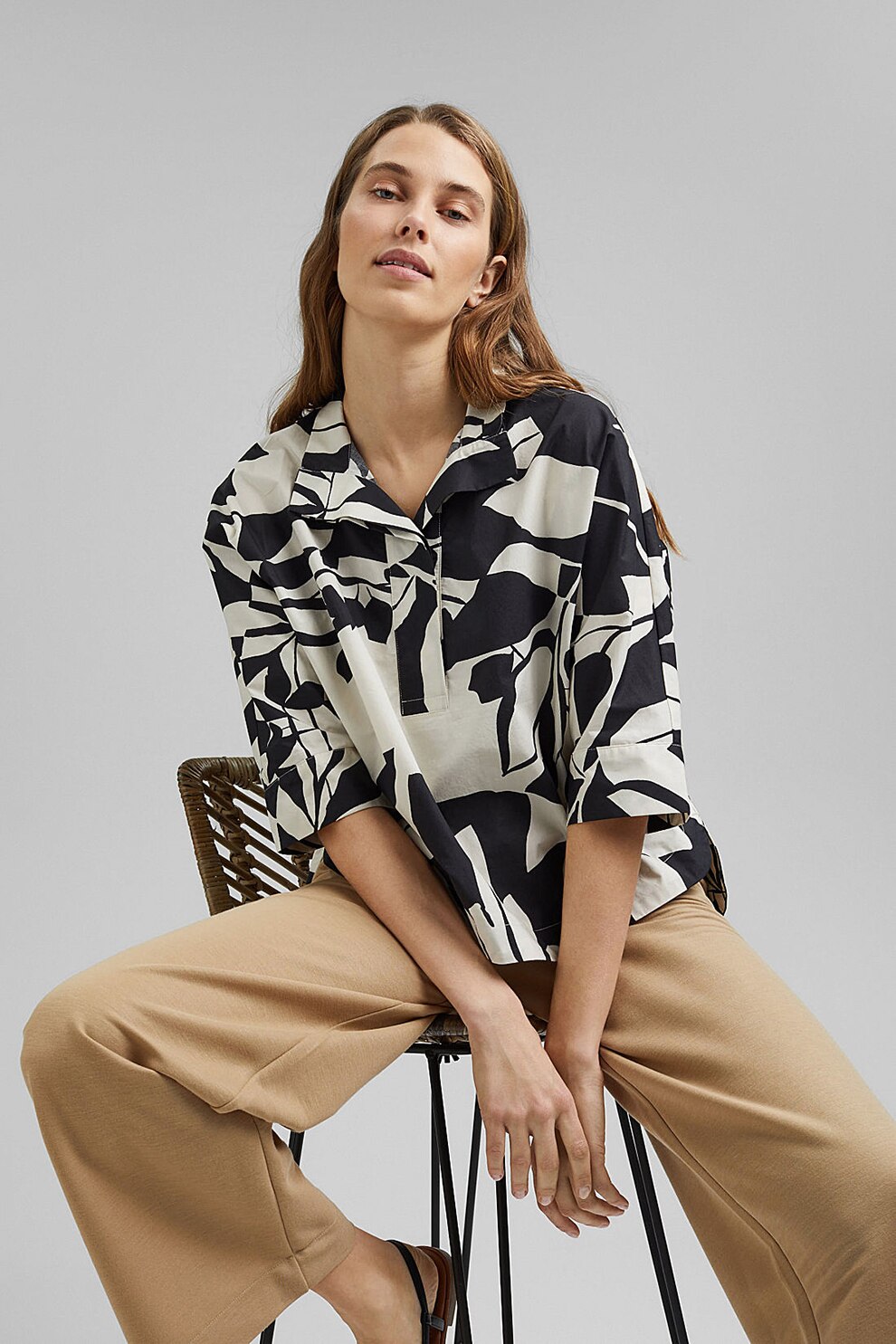 Esprit, Bluza de bumbac cu imprimeu botanic, Alb/Negru, XL